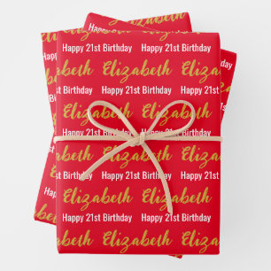 Happy 21st Birthday Gold Name Bright Red and White Wrapping Paper Sheets