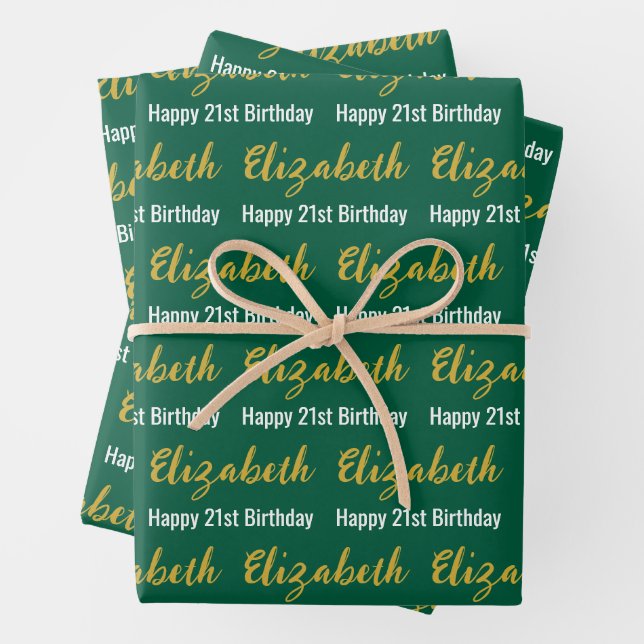 Happy 21st Birthday Gold Name Hunter Green White Wrapping Paper Sheets (In situ)