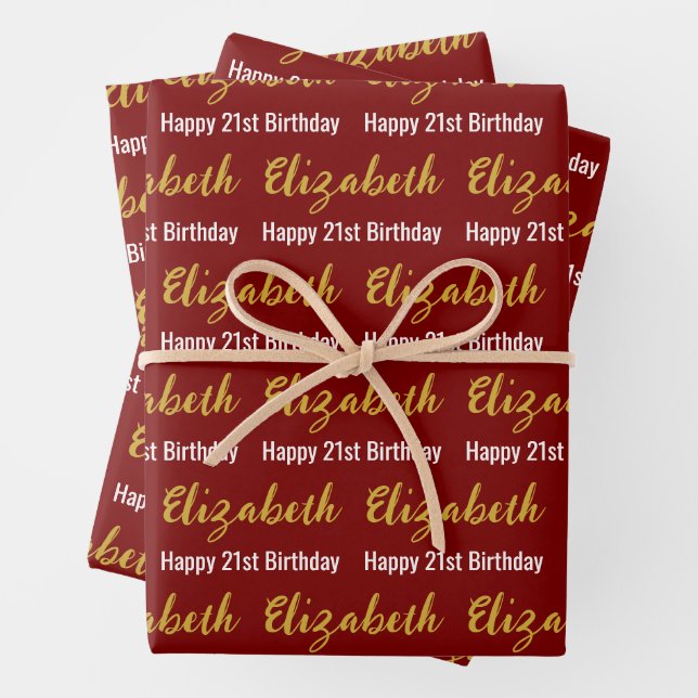 Happy 21st Birthday Gold Script Name Deep Red Wrapping Paper Sheets (In situ)