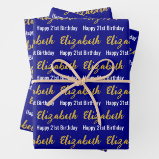 Happy 21st Birthday Gold Script Name Navy & White Wrapping Paper Sheets
