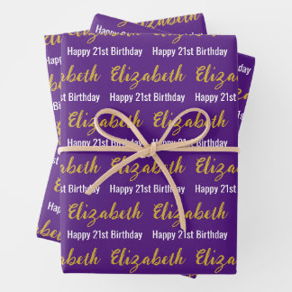 Happy 21st Birthday Gold Script Name Purple White Wrapping Paper Sheets