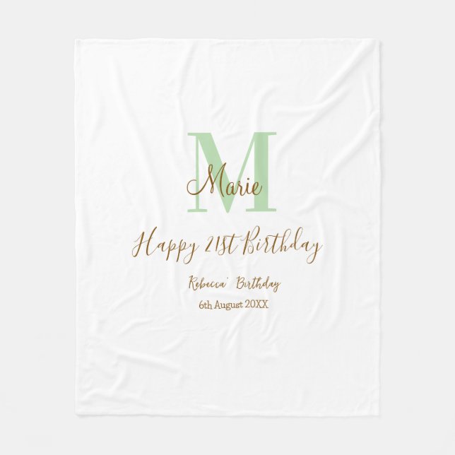 Happy 21st Birthday green add name monogram brown  Fleece Blanket (Front)