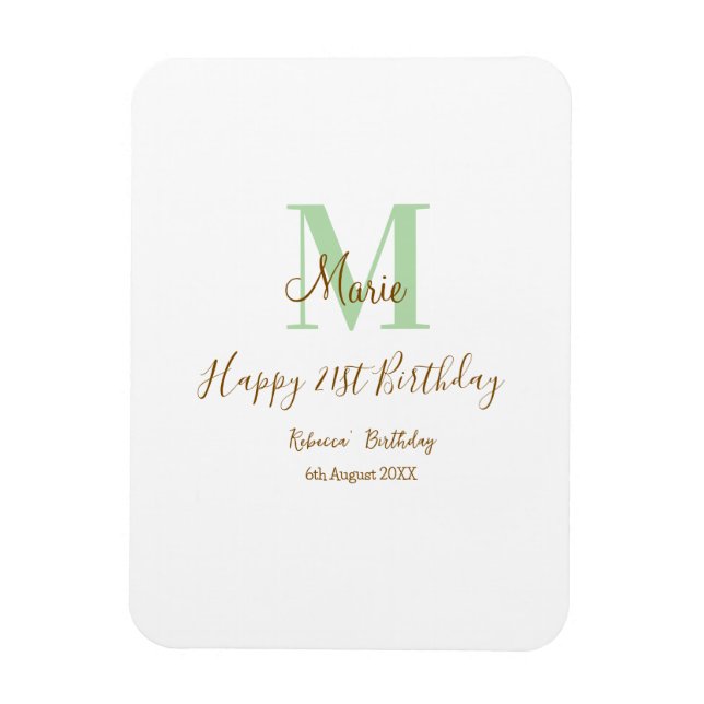 Happy 21st Birthday green add name monogram brown  Magnet (Vertical)