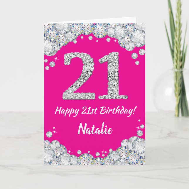 Happy 21st Birthday Hot Pink and Silver Glitter Card (Front)