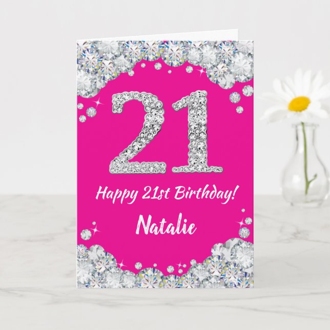 Happy 21st Birthday Hot Pink and Silver Glitter Card | Zazzle