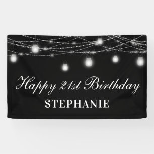 Happy 21st Birthday Mason Jars Lights Black White Banner
