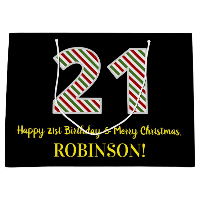 Happy 21st Birthday & Merry Christmas, Custom Name Large Gift Bag (Front)