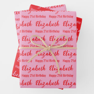 Happy 21st Birthday Name Light Pink and Red Wrapping Paper Sheets