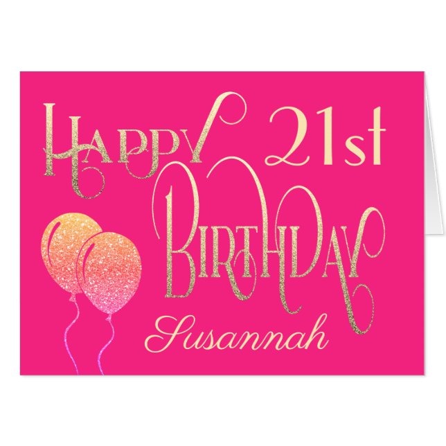 Happy 21st Birthday Name Ornate Script Gold Pink Card (Front Horizontal)