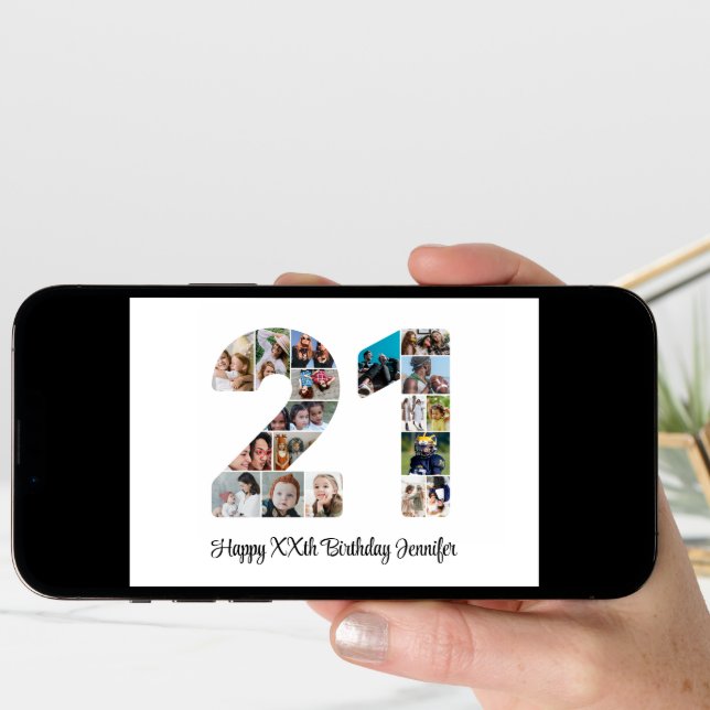 Happy 21st Birthday Number 21 Custom Photo Collage Card (Front Digital)