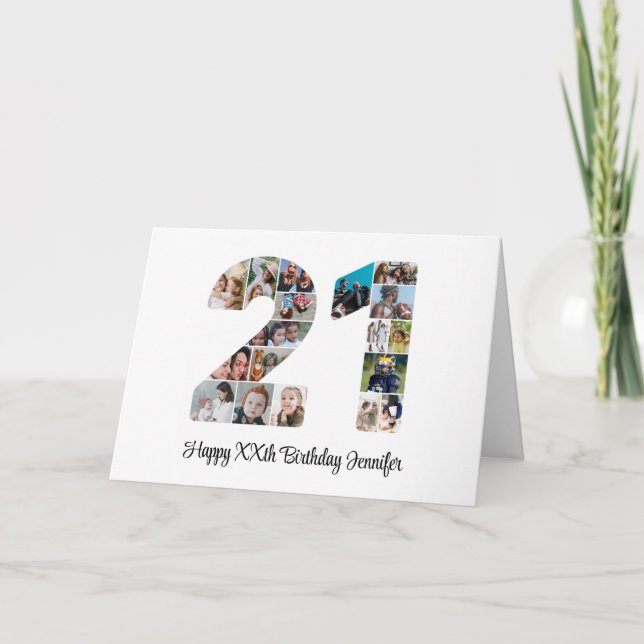 Happy 21st Birthday Number 21 Custom Photo Collage Card (Front)