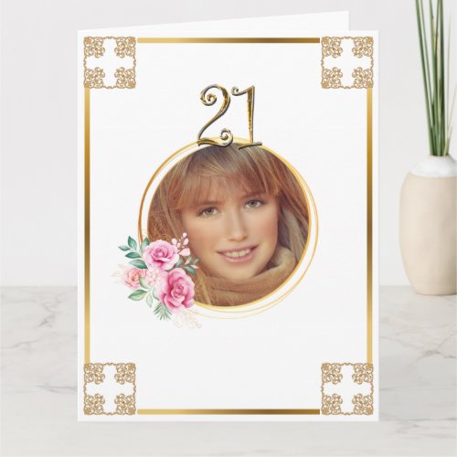 Happy 21st birthday photo gold cross rose flower card