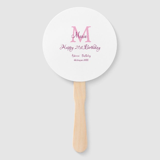 Happy 21st Birthday pink add name monogram modern Hand Fan (Front)