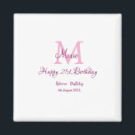 Happy 21st Birthday pink add name monogram modern Magnet<br><div class="desc">beautiful design</div>