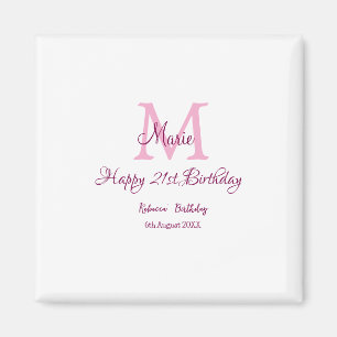 Happy 21st Birthday pink add name monogram modern Magnet