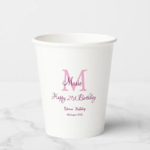 Happy 21st Birthday pink add name monogram modern Paper Cups