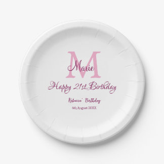 Happy 21st Birthday pink add name monogram modern Paper Plates