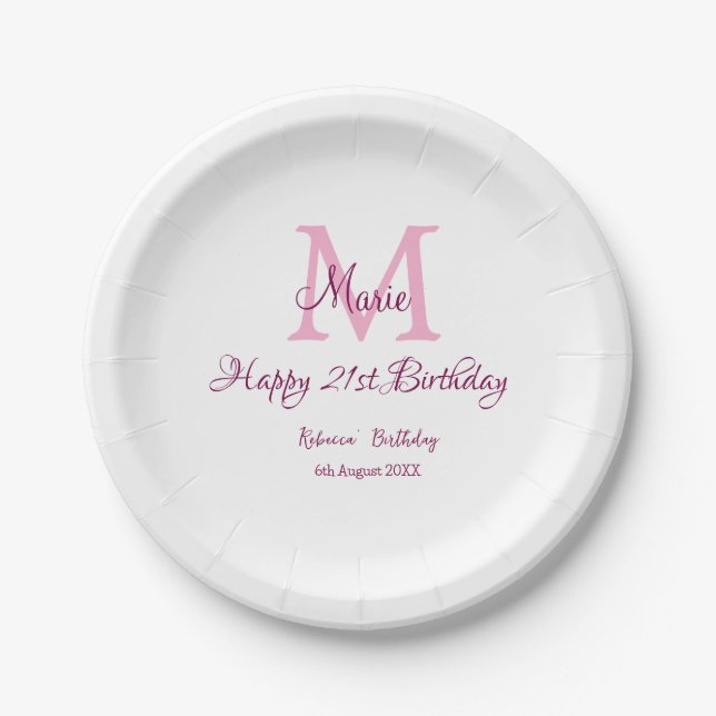 Happy 21st Birthday pink add name monogram modern Paper Plates (Front)