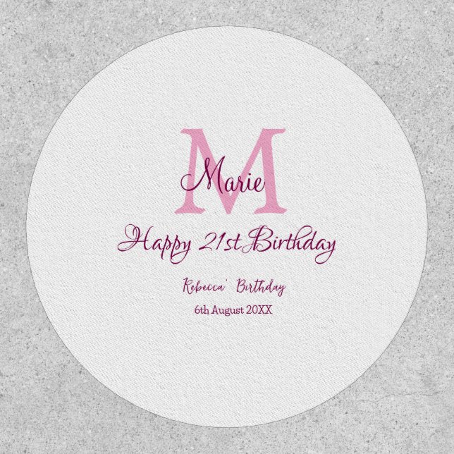 Happy 21st Birthday pink add name monogram modern Patch (Front)