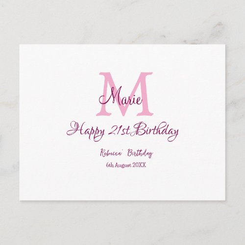 Happy 21st Birthday pink add name monogram modern
