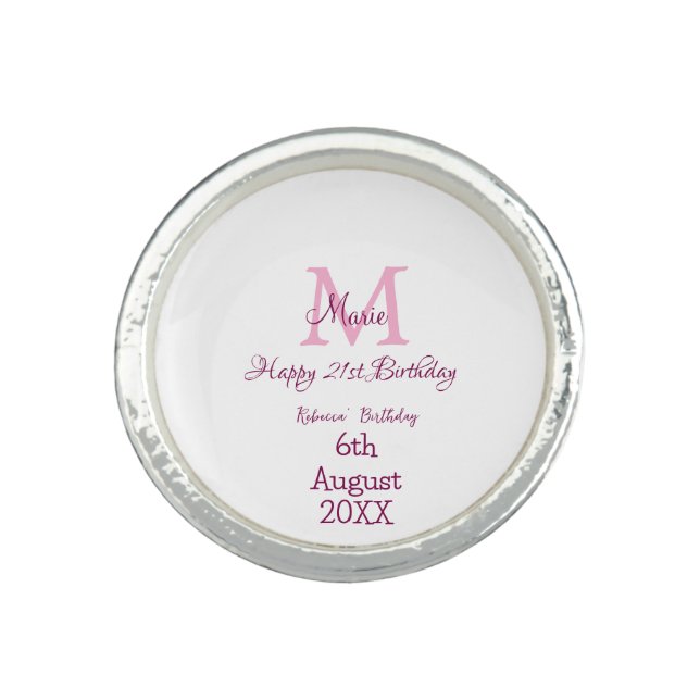 Happy 21st Birthday pink add name monogram modern Ring (Front)