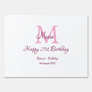 Happy 21st Birthday pink add name monogram modern Sign
