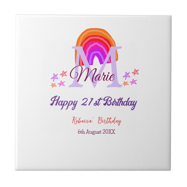 Happy 21st Birthday pink add name monogram rainbow Ceramic Tile (Front)