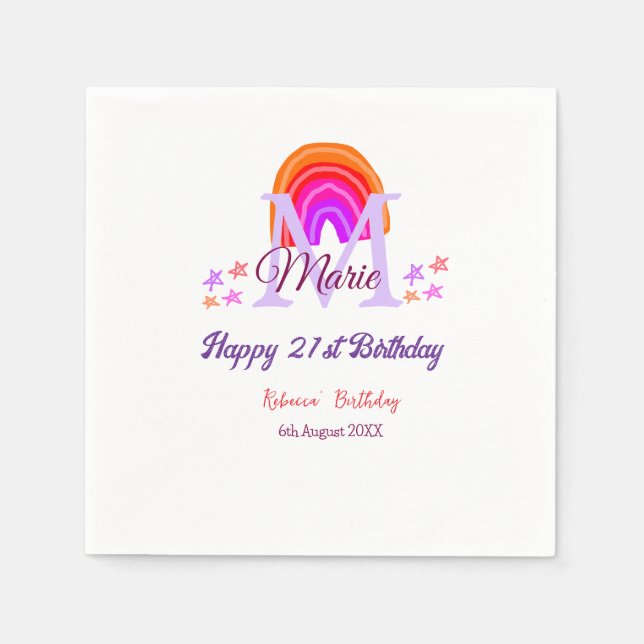 Happy 21st Birthday pink add name monogram rainbow Napkins (Front)