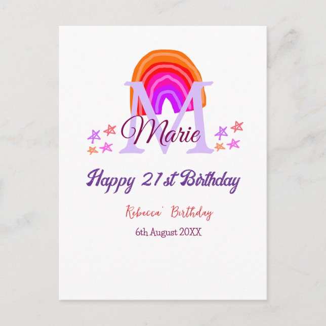 Happy 21st Birthday pink add name monogram rainbow Postcard (Front)