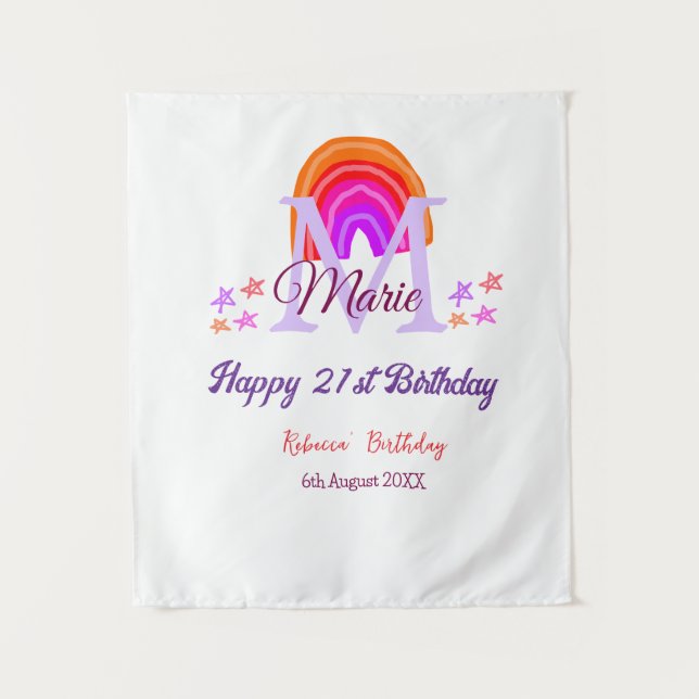 Happy 21st Birthday pink add name monogram rainbow Tapestry (Front)