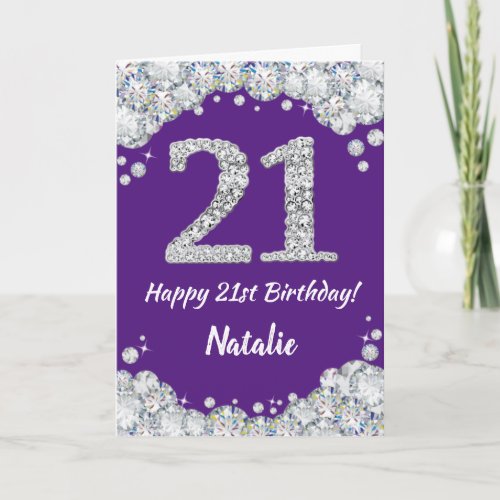 Happy 21st Birthday Purple and Silver Glitter Card