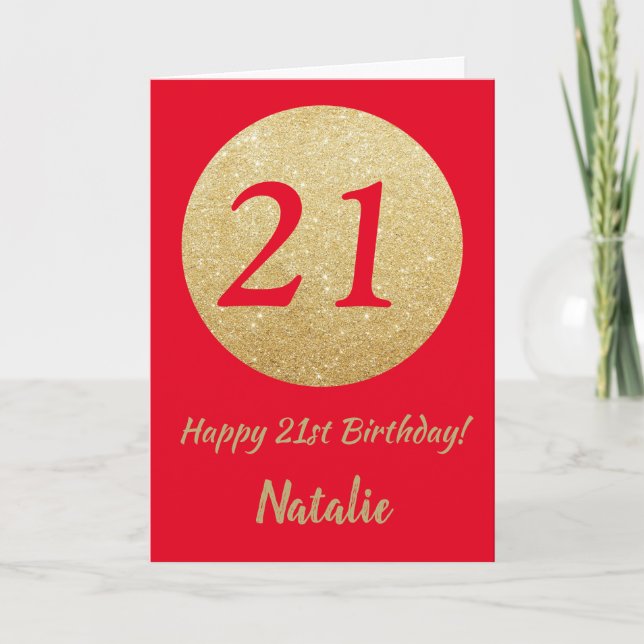 Happy 21st Birthday Red and Gold Glitter Card (Front)