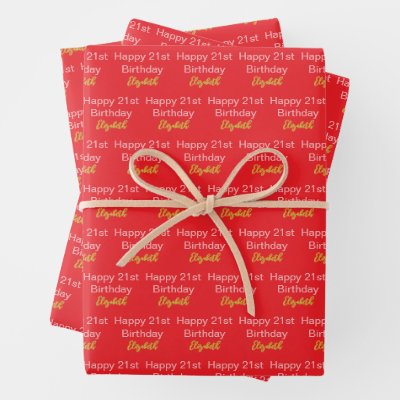 Happy 21st Birthday Script Name Bright Red Gold Wrapping Paper Sheets