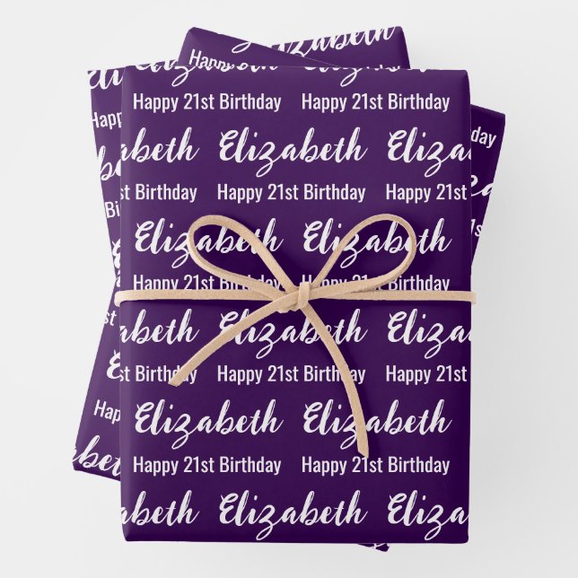 Happy 21st Birthday Script Name Dark Purple White Wrapping Paper Sheets (In situ)