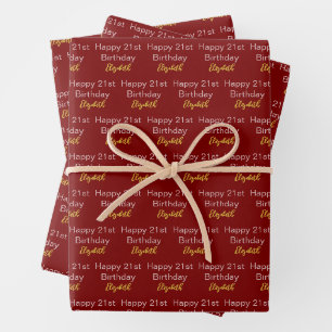 Happy 21st Birthday Script Name Deep Red Gold Wrapping Paper Sheets