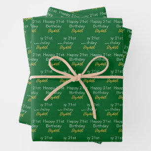 Happy 21st Birthday Script Name Green White Gold Wrapping Paper Sheets