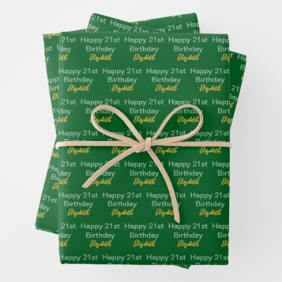 Happy 21st Birthday Script Name Green White Gold Wrapping Paper Sheets