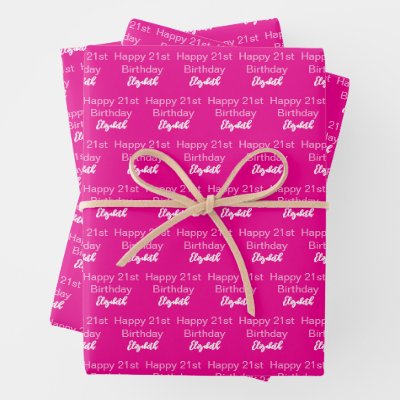 Happy 21st Birthday Script Name Hot Pink and White Wrapping Paper Sheets