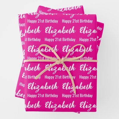 Happy 21st Birthday Script Name Hot Pink and White Wrapping Paper Sheets