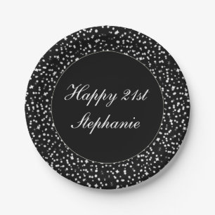 Happy 21st Birthday Sparkle Confetti Black Paper Plates