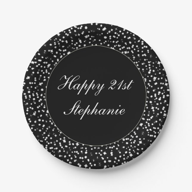 Happy 21st Birthday Sparkle Confetti Black Paper Plates (Front)