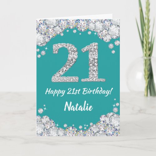 Happy 21st Birthday Teal and Silver Glitter Card
