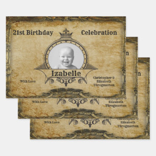 Happy 21st Birthday Vintage Photo Monogram Gold Wrapping Paper Sheets
