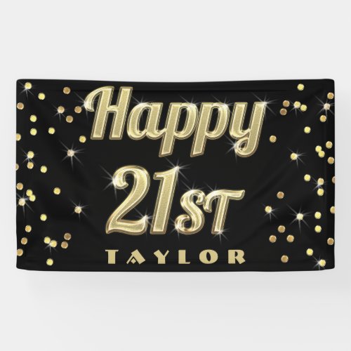 Happy 21st Gold Bling Typography Confetti Black Banner