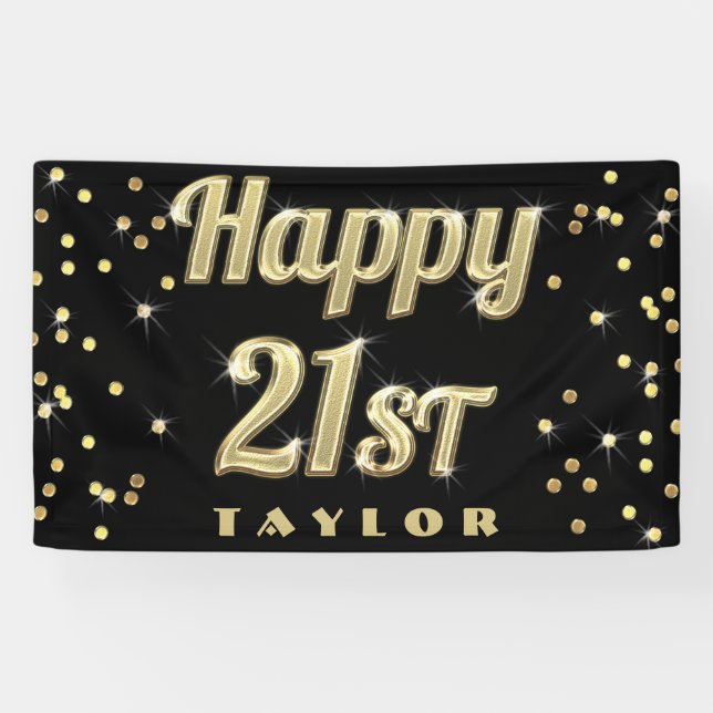 Happy 21st Gold Bling Typography Confetti Black Banner (Horizontal)