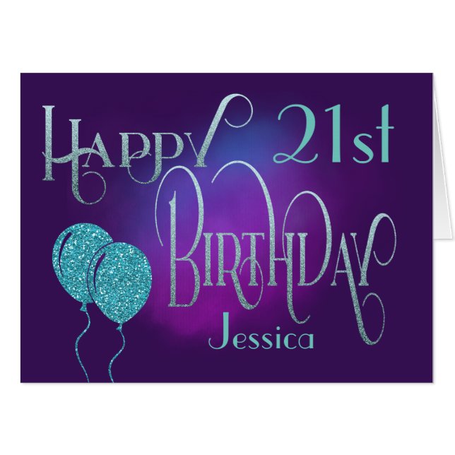 Happy 21st Name Purple Mystical Birthday Card (Front Horizontal)