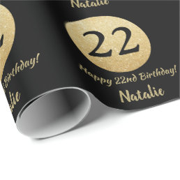 Happy 22nd Birthday Black and Gold Glitter Wrapping Paper