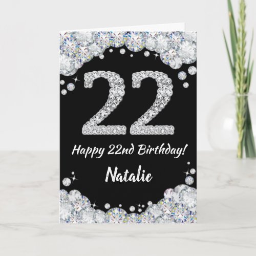 Happy 22nd Birthday Black and Silver Glitter Card