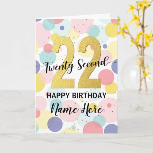 Happy 22nd Birthday Pastel Rainbow and Gold Girl Card