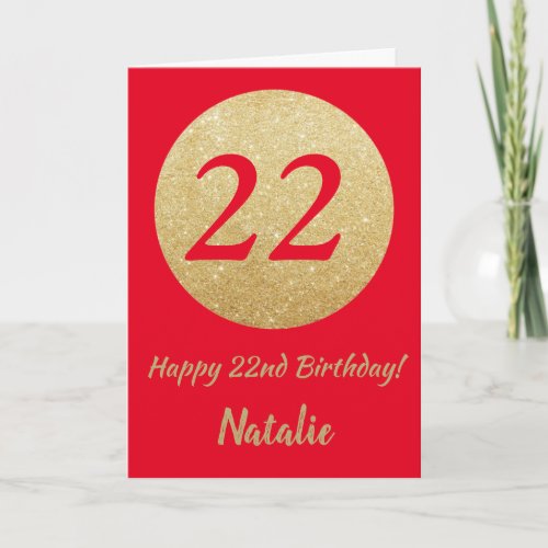Happy 22nd Birthday Red and Gold Glitter Card